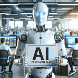 Robot i framtiden som håller en skylt