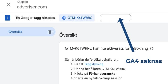 Google Tag Assistant visar att Google Analytics 4 inte laddar.