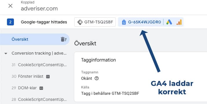 Google Tag Assistant visar att GA4 laddar.